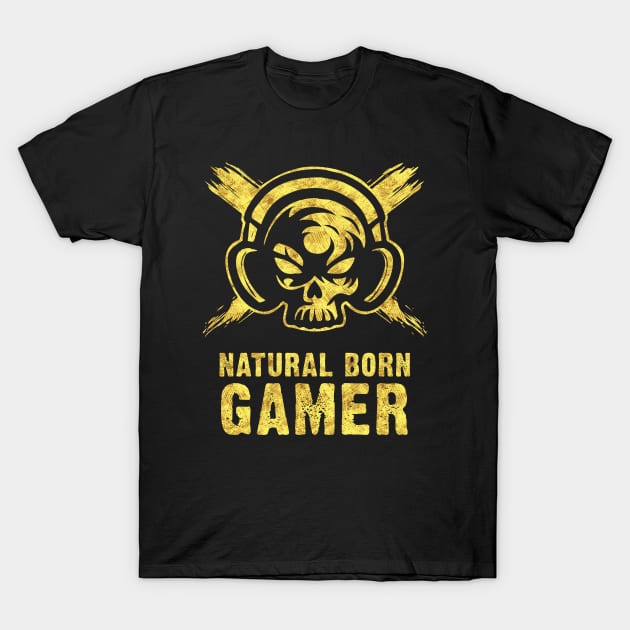 Natural Born GAMER Skull with Headphones Abstract Tattoo Style T-Shirt by Naumovski